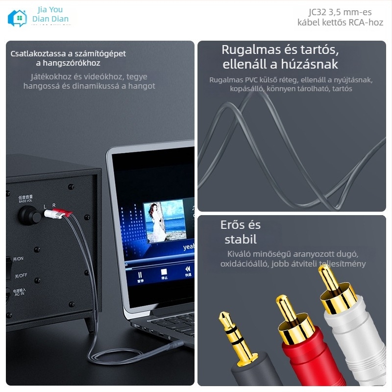 3,5 mm-es audiokábel, 2x RCA csatlakozóval PC-hangszórókhoz, 1,5 m
