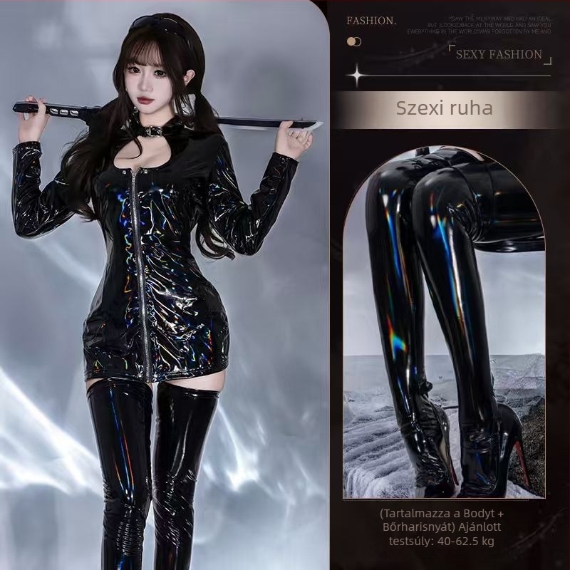 Zipzáras, szexi body magas rugalmassággal, fényes PU bőrrel, latex-szel és fényes patent bőrrel