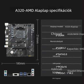 AMD Ryzen AM4 A320 asztali alaplap DDR4 memória-támogatással, M.2 interfész, AM4 CPU-kompatibilitás