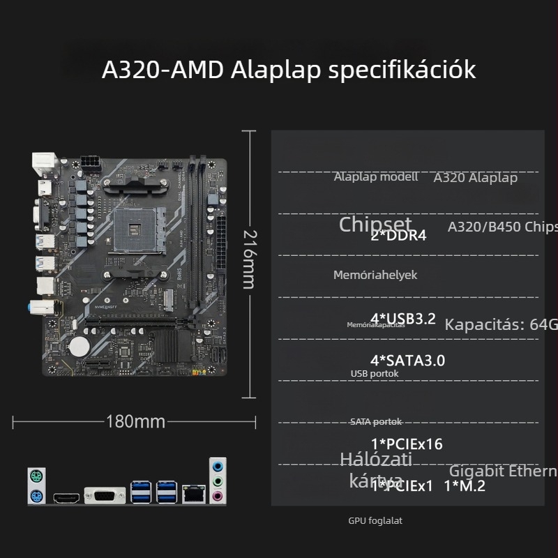 AMD Ryzen AM4 A320 asztali alaplap DDR4 memória-támogatással, M.2 interfész, AM4 CPU-kompatibilitás