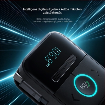 Autóba szerelhető Bluetooth MP3 lejátszó veszteségmentes hangzással, FM-transzmitterrel, kihangosítással, kettős mikrofonnal, digitális kijelzővel, húzható kábel és autós töltővel.
