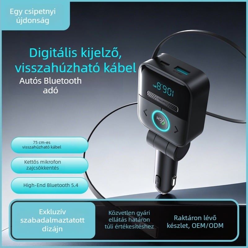 Autóba szerelhető Bluetooth MP3 lejátszó veszteségmentes hangzással, FM-transzmitterrel, kihangosítással, kettős mikrofonnal, digitális kijelzővel, húzható kábel és autós töltővel.