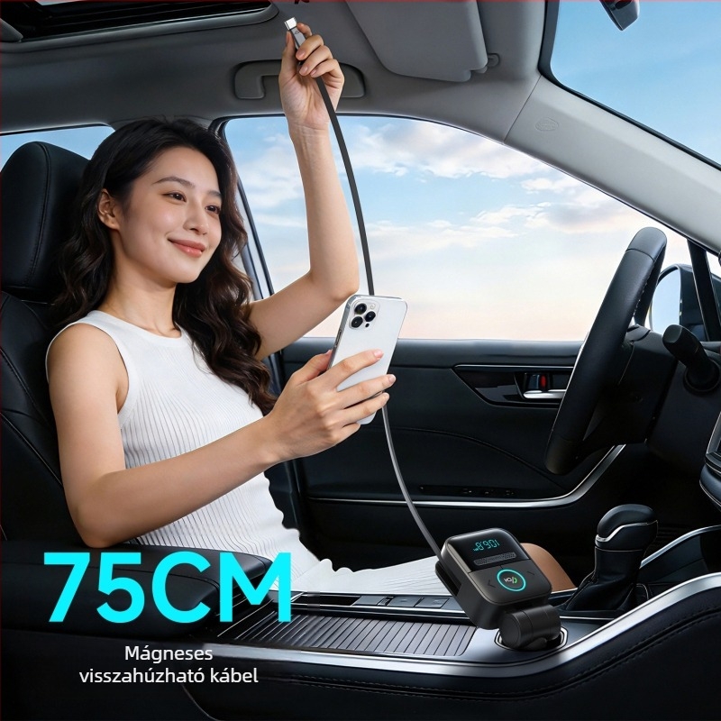 Autóba szerelhető Bluetooth MP3 lejátszó veszteségmentes hangzással, FM-transzmitterrel, kihangosítással, kettős mikrofonnal, digitális kijelzővel, húzható kábel és autós töltővel.