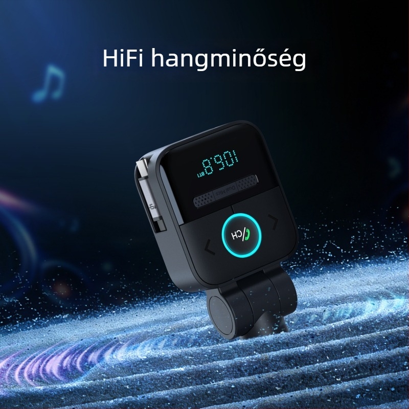 Autóba szerelhető Bluetooth MP3 lejátszó veszteségmentes hangzással, FM-transzmitterrel, kihangosítással, kettős mikrofonnal, digitális kijelzővel, húzható kábel és autós töltővel.