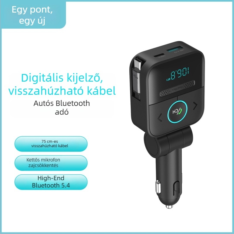 Autóba szerelhető Bluetooth MP3 lejátszó veszteségmentes hangzással, FM-transzmitterrel, kihangosítással, kettős mikrofonnal, digitális kijelzővel, húzható kábel és autós töltővel.