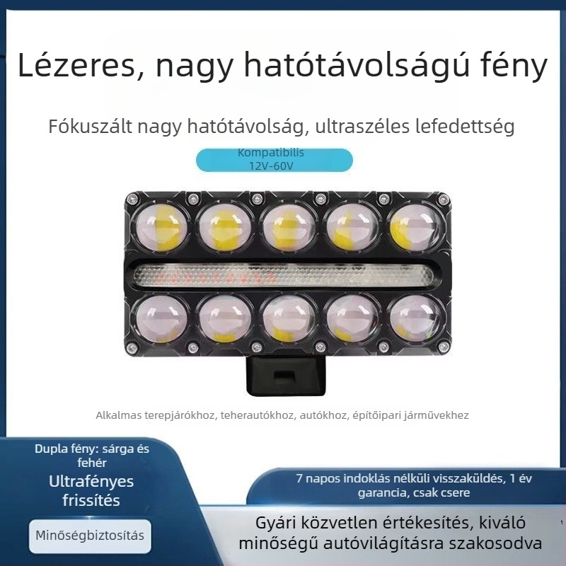 10-diódás motorkerékpár LED-fényszóró, négyzet alakú fehér-sárga kettőszínű lencsével, nagy fényerő