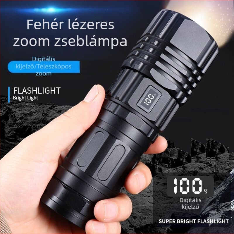 USB-töltésű nagy teljesítményű elemlámpa fehér lézerrel, zoom, hosszú hatótávolság, kültéri használatra