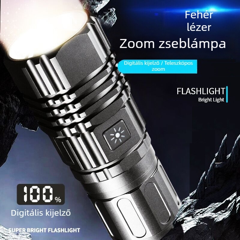 USB-töltésű nagy teljesítményű elemlámpa fehér lézerrel, zoom, hosszú hatótávolság, kültéri használatra