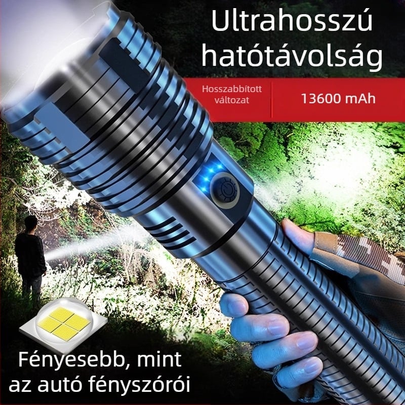 P90 ultrafényű LED zseblámpa hosszú hatótávval, újratölthető, kültéri használatra, 30W