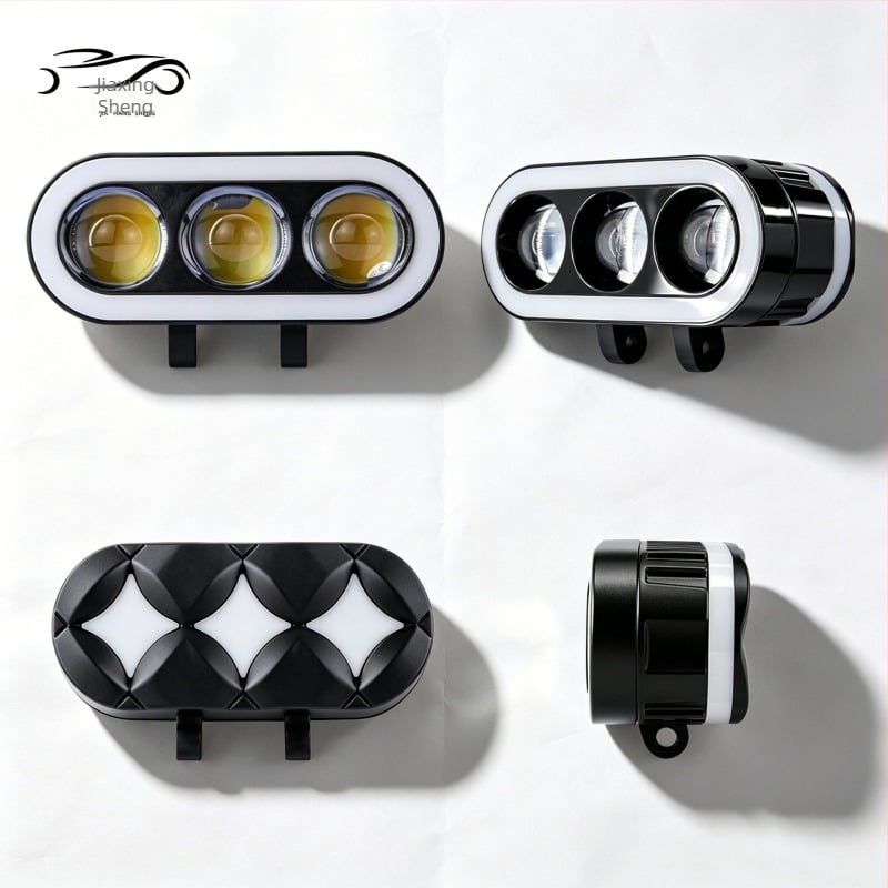 Motorkerékpár LED reflektor dupla színű lencsével, fehér/sárga és kék gyűrű