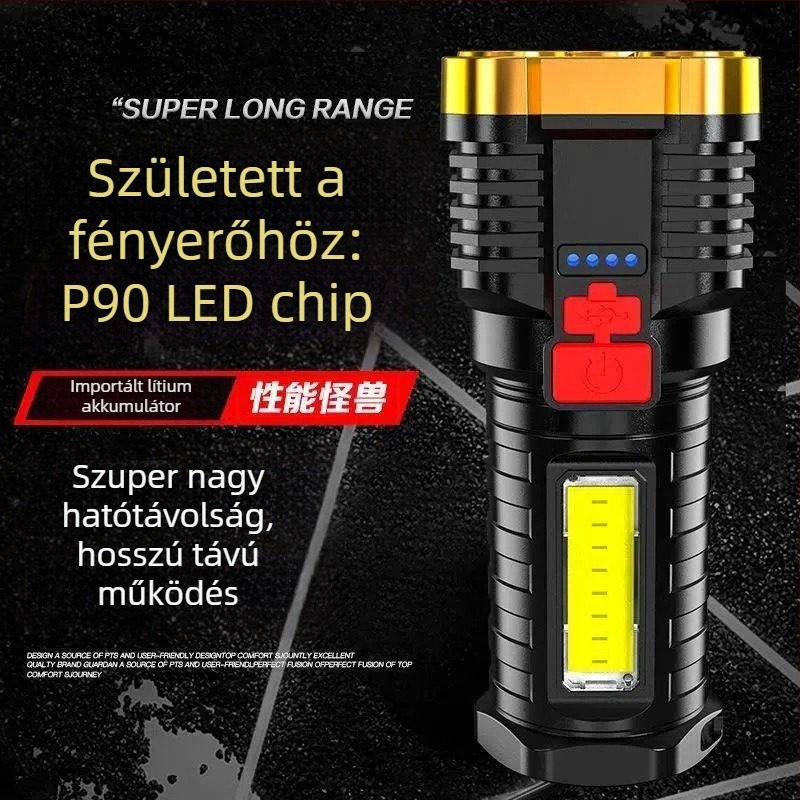 Öt LED-es taktikai elemlámpa, újratölthető, nagy fényerő, hosszú hatótávolság, kültéri, többfunkciós