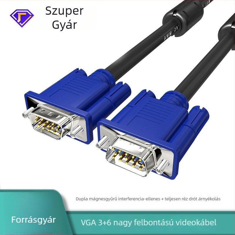 VGA-kábel mágnesgyűrűvel, VGA3+6 adatkábel, teljes réz, csatlakozó férfi-hoz férfihoz és férfi-hoz női, VGA kijelzőkábel