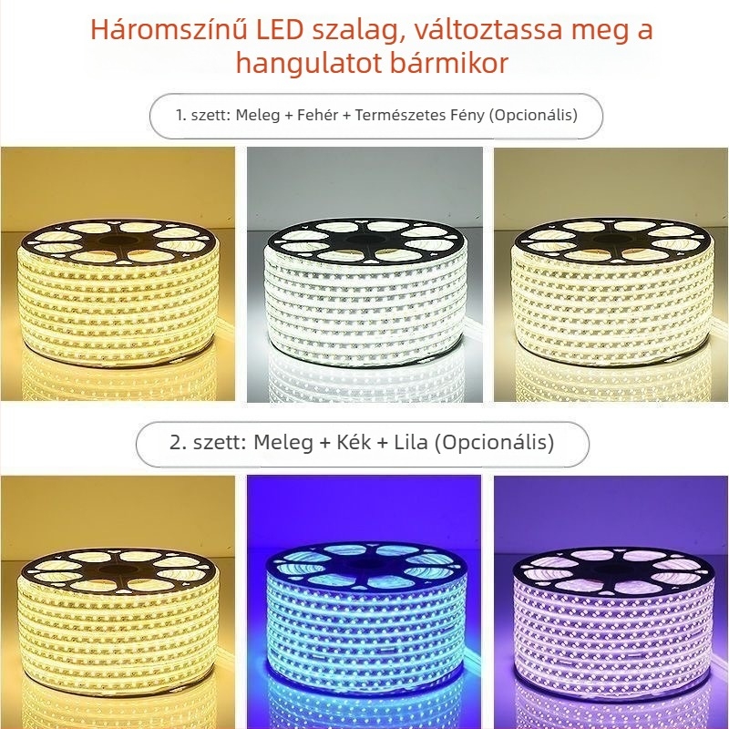 220V kültéri LED-szalag, háromszínű fényerő-szabályozás és színváltás, mennyezeti hangulatvilágítás, vízálló