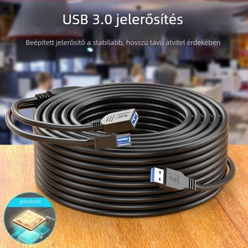 USB 3.0 hosszabbító kábel beépített jel-erősítővel, 10 m, számítógéphez, hálózati kártyához és konferencia kamerához