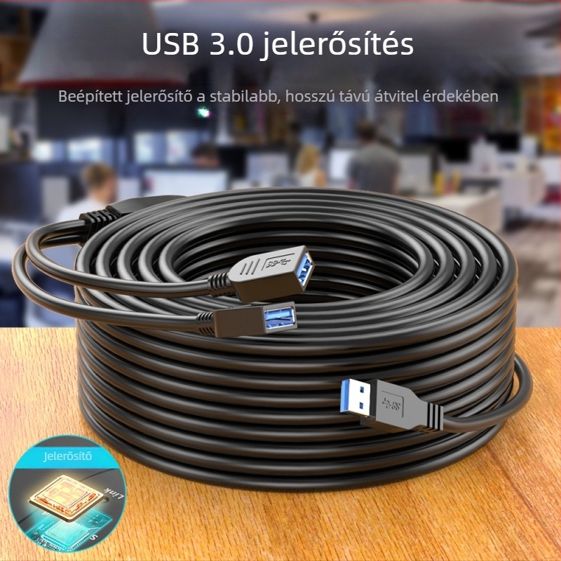 USB 3.0 hosszabbító kábel beépített jel-erősítővel, 10 m, számítógéphez, hálózati kártyához és konferencia kamerához