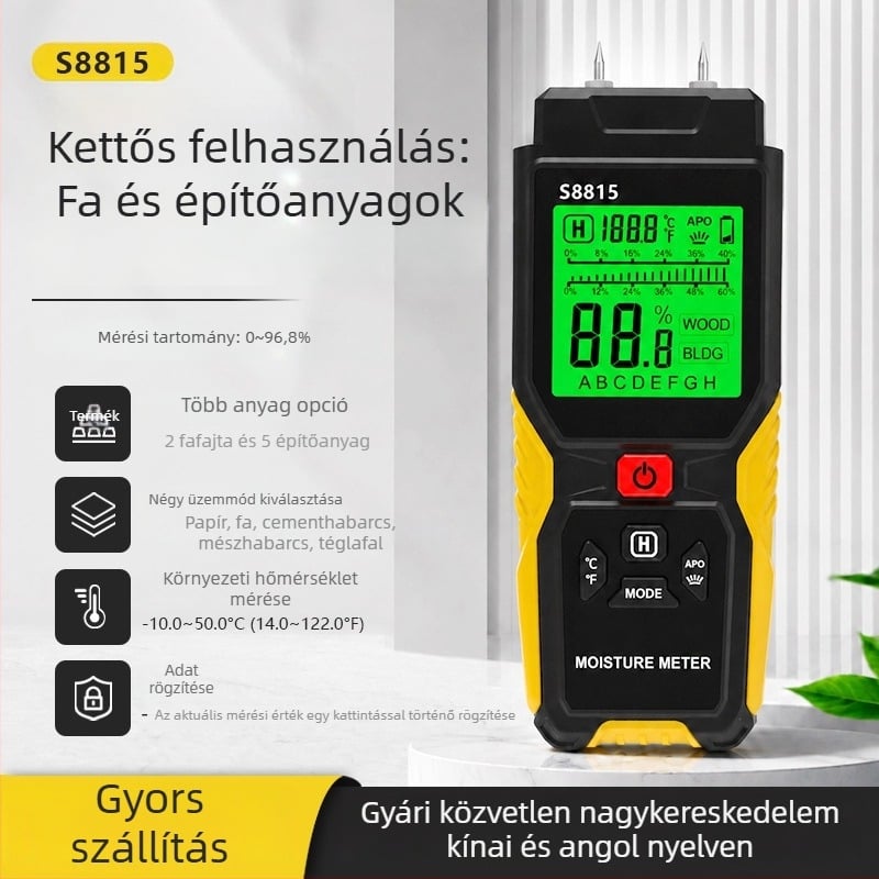 Digitális kijelzős, nagy pontosságú fa nedvességmérő, építőanyag nedvességtartalom-detektor, falak és cement nedvességmérő