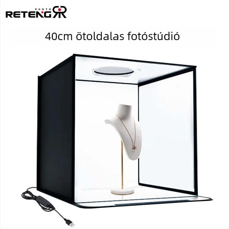 Ruiteng 40 cm-es mini ötoldalú LED világító doboz ékszerek és still life fotózáshoz, összecsukható hordozható stúdió