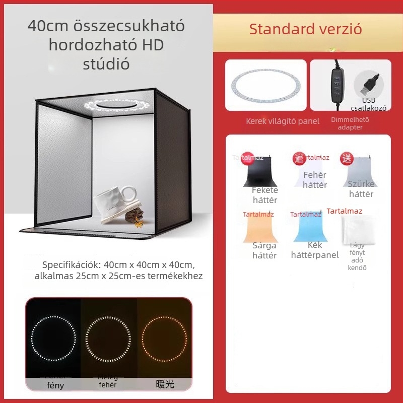 Ruiteng 40 cm-es mini ötoldalú LED világító doboz ékszerek és still life fotózáshoz, összecsukható hordozható stúdió