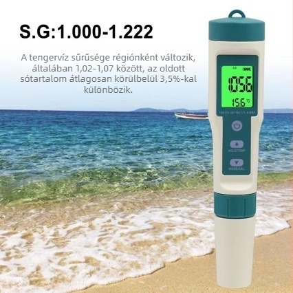 8 az 1-ben vízminőség-ellenőrző toll: pH és hidrogénben gazdag teszt, tengervíz sótartalmát mérő eszköz, ivóvíz pH-ellenőrző