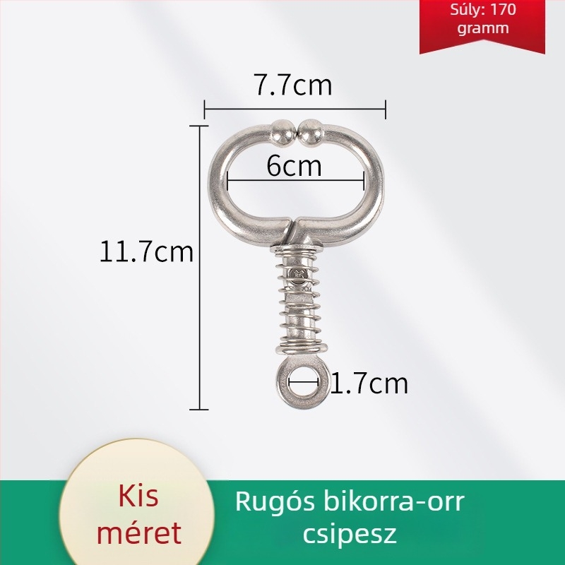 Rugós orrlyukfogó marhákhoz, rozsdamentes acélból – eszköz az orrgyűrűk lyukasztás nélküli felhelyezéséhez