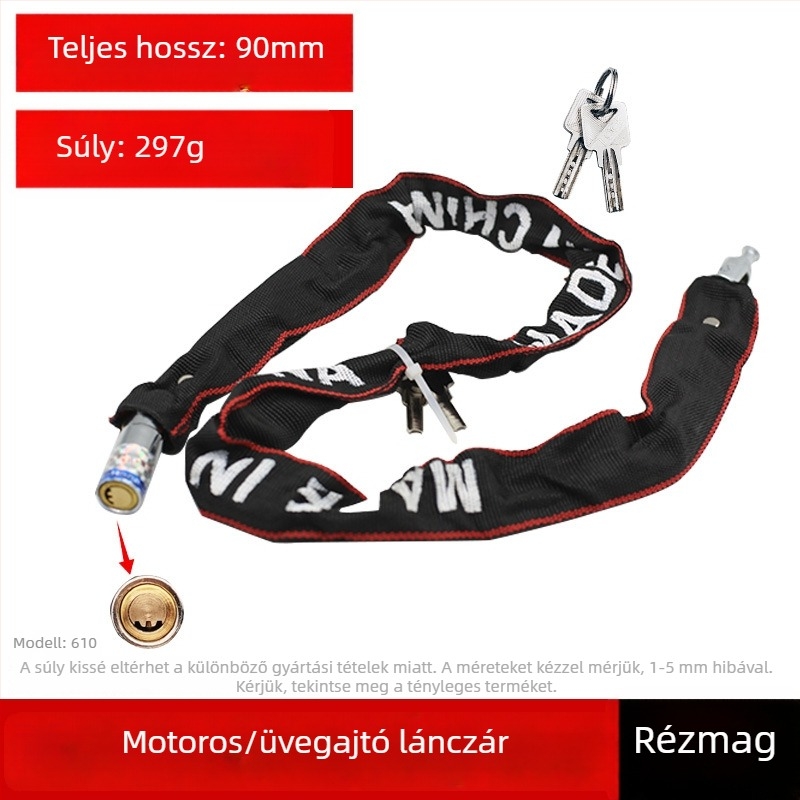 Üvegajtó sávzár, hosszú lopás elleni zár kulccsal, kerékpár lánc-zár