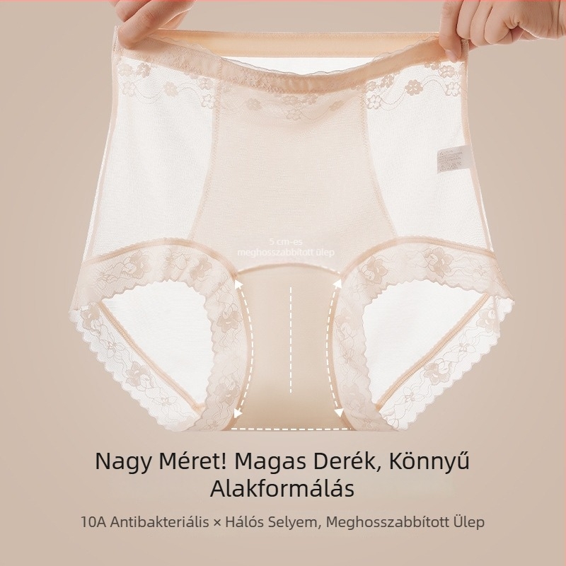 Magas derekú formázó női alsónemű, plusz méretű, hálós anyagból, Mulberry-selyem a szeméremrésznél, félig átlátszó csipkével