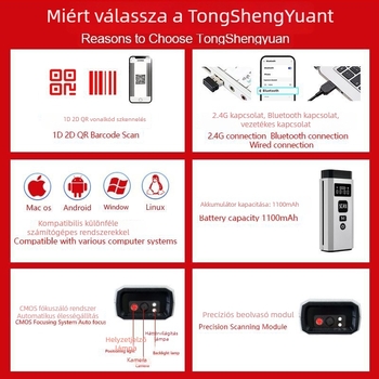Bluetooth-kapcsolatú vezeték nélküli hordozható kézi vonalkód- és QR-kód olvasó