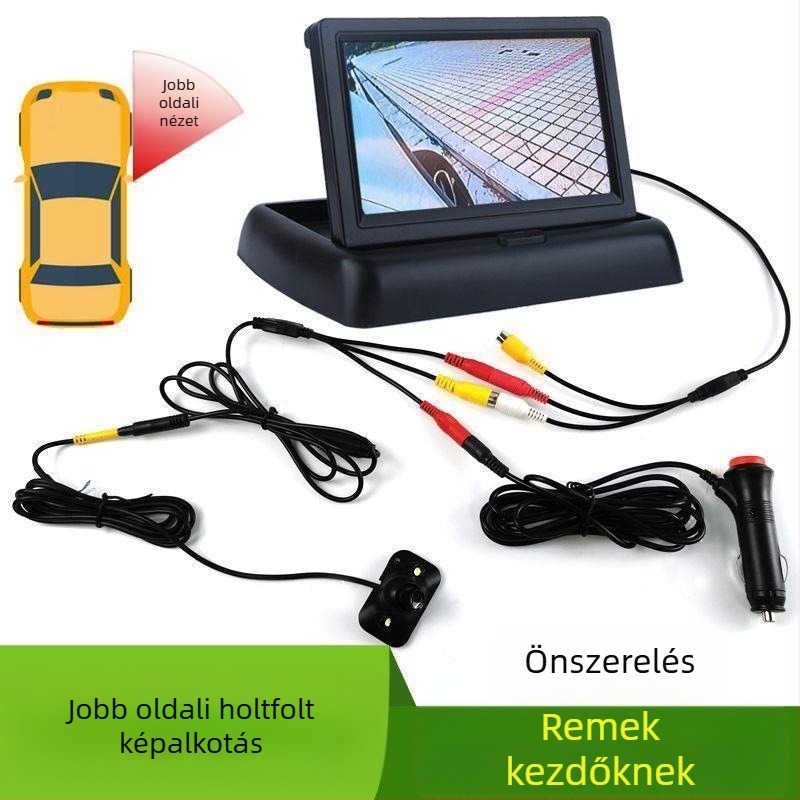 HD jobb oldali holttér kamera autóhoz, előre- és hátranézet, oldalsó nézet, tolatási kép, kármentes telepítés