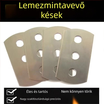 Kerek fejű mintavételi eszköz, gramm súlymérő, háromlyukú penge, textillemez, gravírozott lemez, papírtvágó penge