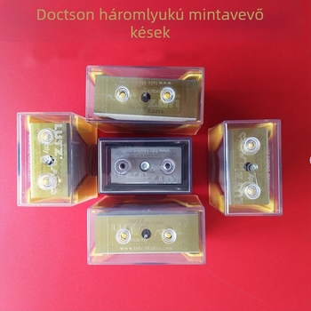 Kerek fejű mintavételi eszköz, gramm súlymérő, háromlyukú penge, textillemez, gravírozott lemez, papírtvágó penge