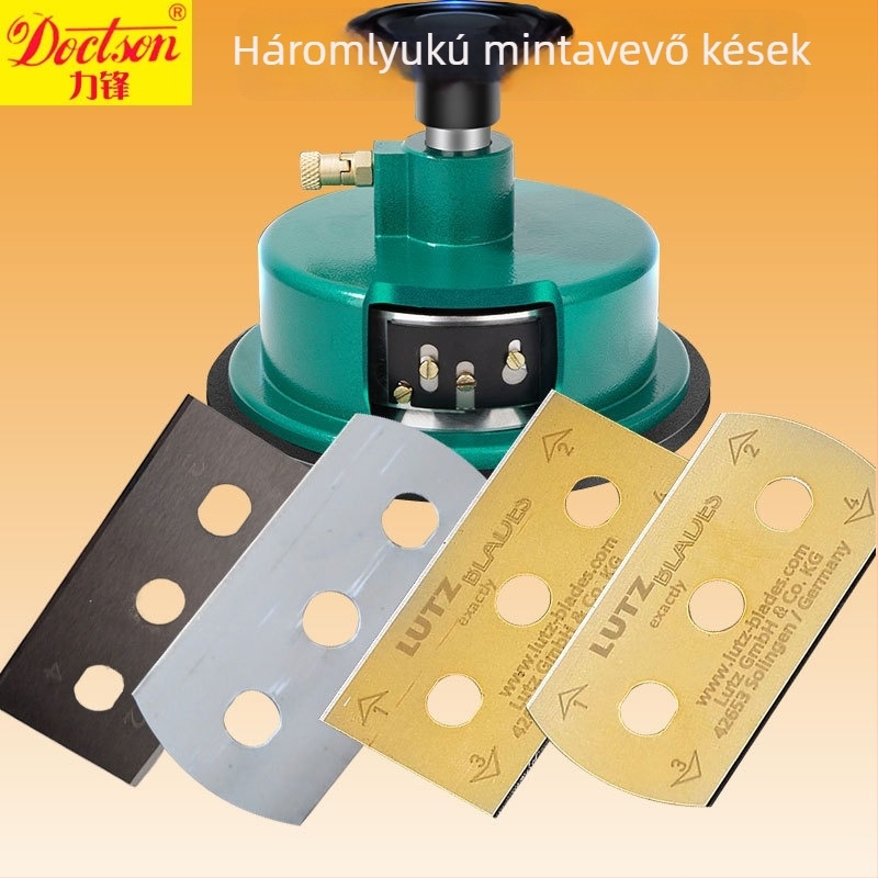 Kerek fejű mintavételi eszköz, gramm súlymérő, háromlyukú penge, textillemez, gravírozott lemez, papírtvágó penge
