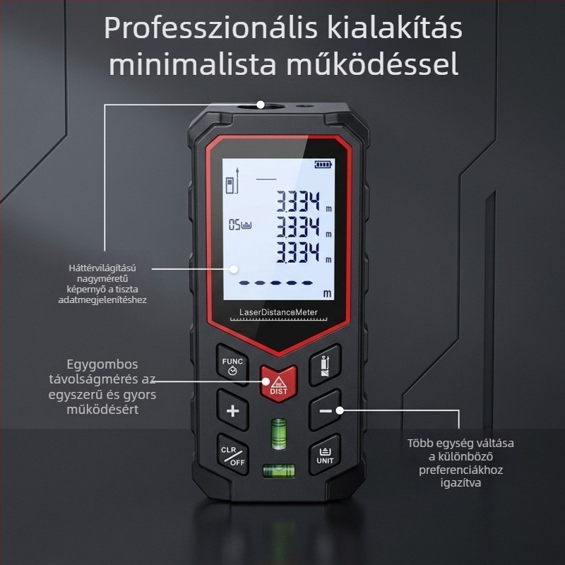 Nagy pontosságú vörös lézeres távolságmérő, kézi, beltéri használatra