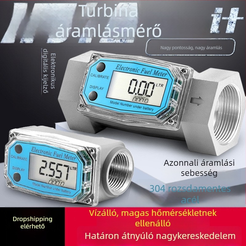 Rozsdamentes acélból készült turbina folyadékáram-mérő digitális kijelzővel; diesel, benzin, metanol, kerozin és víz