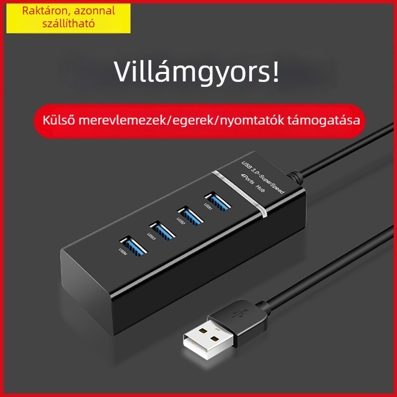 4-por USB 3.0 hub, hordozható többportos elosztó 30 cm-es kábellel