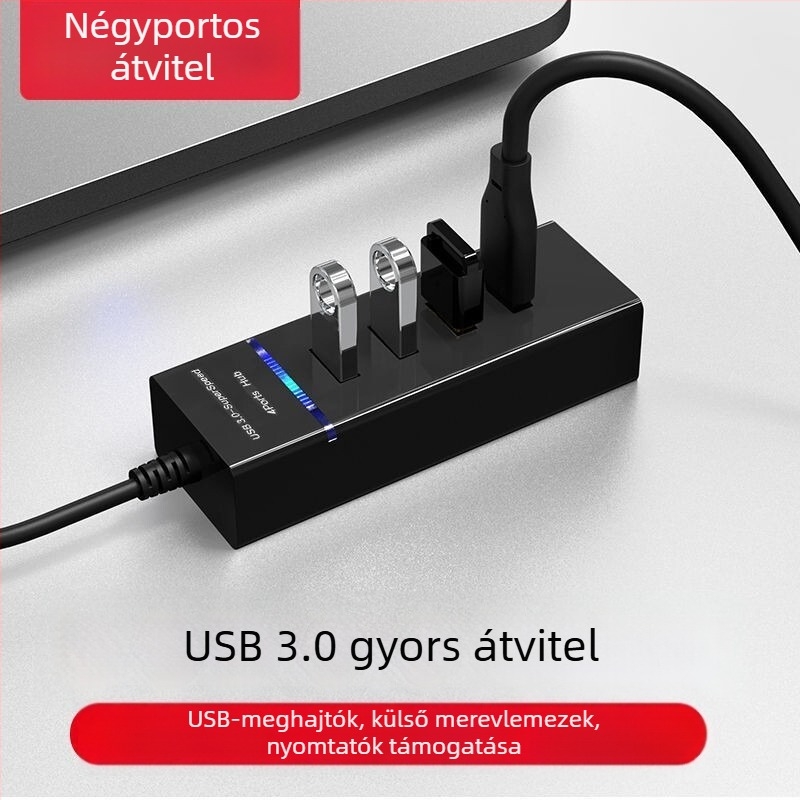 4-por USB 3.0 hub, hordozható többportos elosztó 30 cm-es kábellel