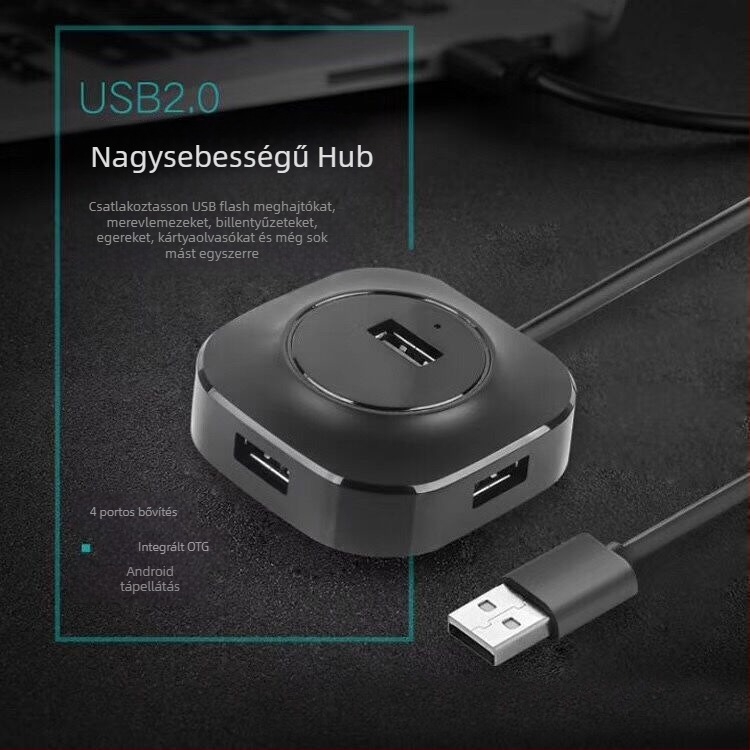 USB 2.0 4-portos hub külső tápegységgel, 15 cm-es kábellel