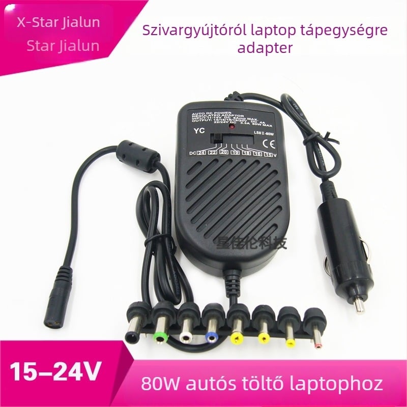 80W laptop töltőadapter, 15-24V kimenet, autós töltő, multifunkciós kapcsoló táp