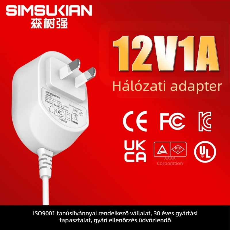 12V 1A 12W kapcsolóüzemű tápegység sminktükörhöz, S2 tűzállósági osztály, félizolált gumiborítás