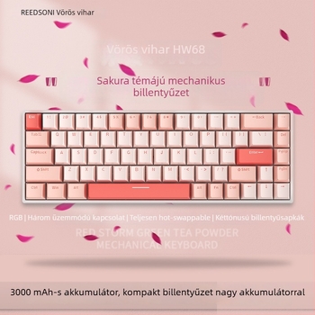 Red Fury H68 Sakura téma, három üzemmódos RGB billentyűzet Bluetooth vezeték nélküli, kék kapcsolókkal, hot-swappable