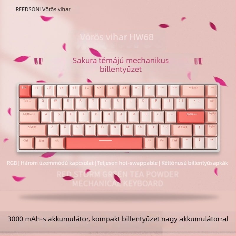 Red Fury H68 Sakura téma, három üzemmódos RGB billentyűzet Bluetooth vezeték nélküli, kék kapcsolókkal, hot-swappable