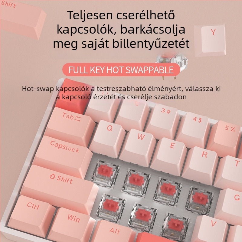 Red Fury H68 Sakura téma, három üzemmódos RGB billentyűzet Bluetooth vezeték nélküli, kék kapcsolókkal, hot-swappable