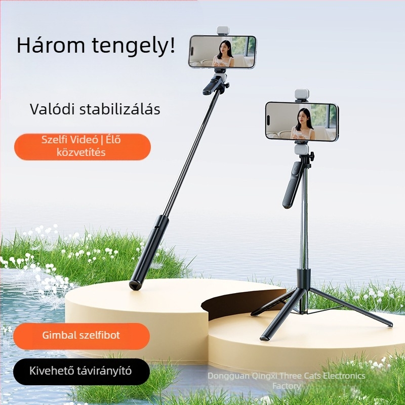 Bluetoothos mobiltelefonhoz való önfotó pálca, kompakt mindent egyben stabilizációval, kihúzható tripóval és LED világítással, távirányítóval