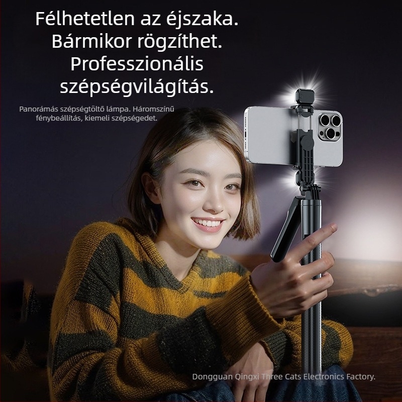 Bluetoothos mobiltelefonhoz való önfotó pálca, kompakt mindent egyben stabilizációval, kihúzható tripóval és LED világítással, távirányítóval
