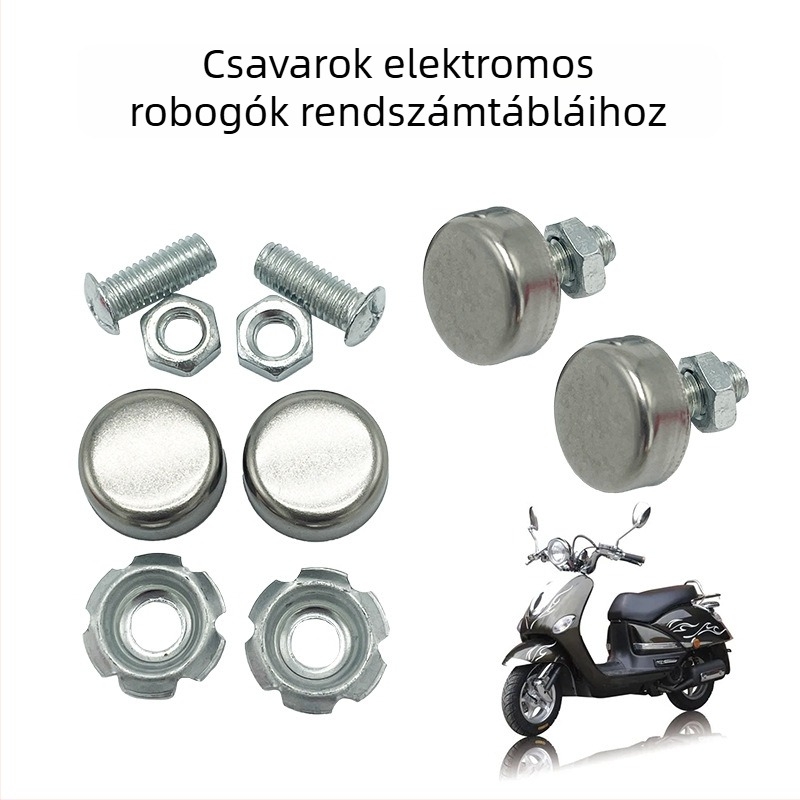 Motorkerékpár rendszámtábla antiforgató csavarok készlet keretcsattal és szerelés sapkával – módosító kiegészítők