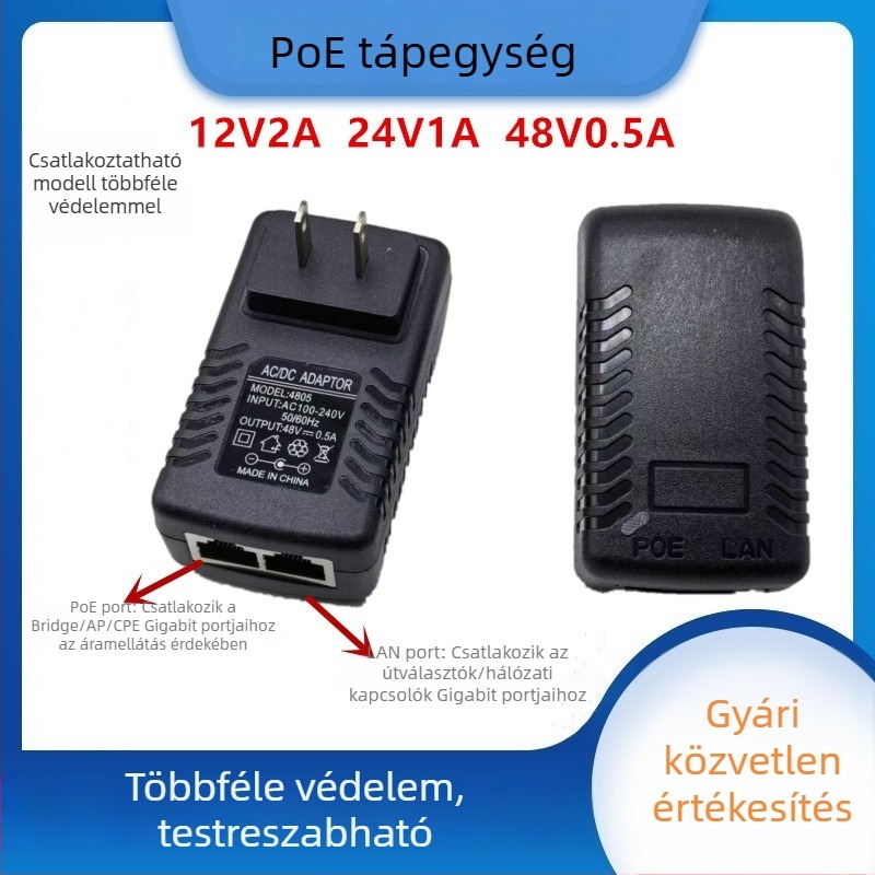 PoE tápegység vezeték nélküli AP-hez és megfigyelő hídkamera, 12/15/24/48V, 0,5–1A adapter