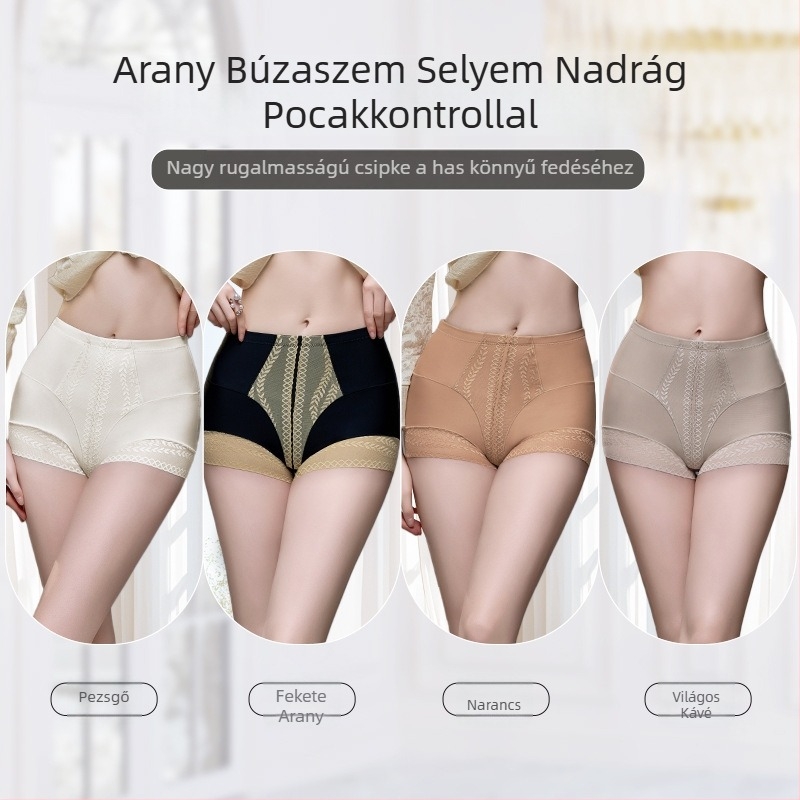 Női alakformáló alsó selyemszerű érzetű anyagból, has- és derékformázás, középmagas derék, arany búza minta