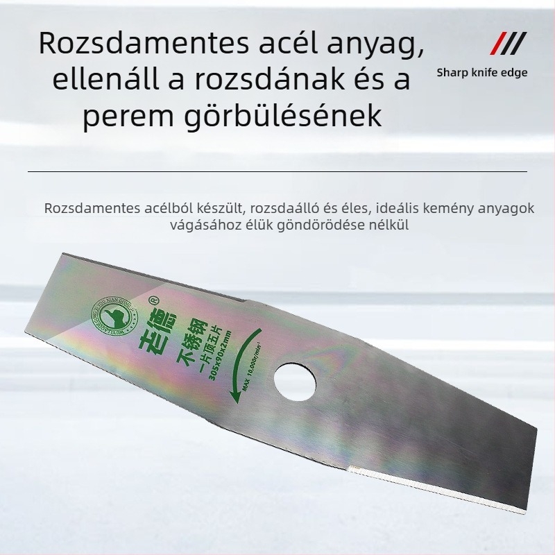 Fűnyíró penge benzinest és elektromos készülékekhez; egyenes kivitel; fehér acél; 40/60/80 fog; mangán‑acél ötvözet; bozótvágó penge és fűrész penge