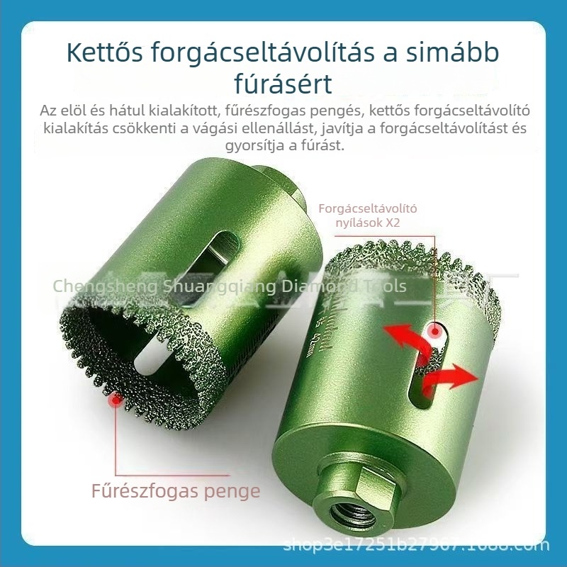 Sarokcsiszoló recés szárazfúróval kerámia burkolatokhoz, vitrifikált csempékhez és kőhöz; gyémánt forrasztott polírozógép; univerzális furatnyitó