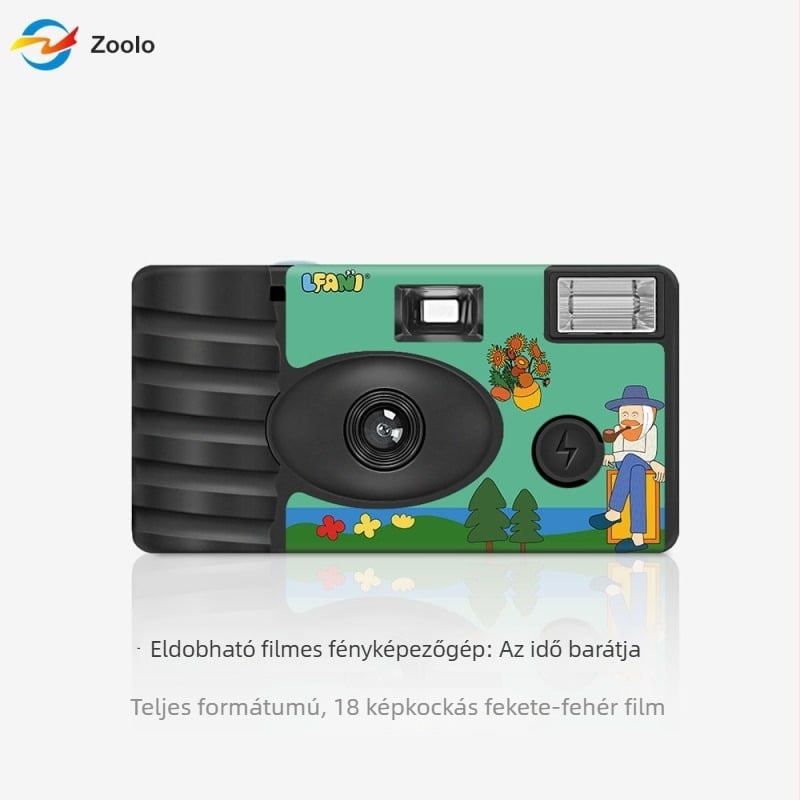 Egyszer használható filmkamera illusztrációkkal, „Az idő barátai” fekete-fehér, 18 felvétel, vakuval