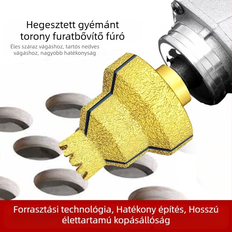Gyémántos csempe lyukbővítő brazált fogakkal; élkiegyenlítés és élmegmunkálás szögcsiszolóhoz – szerszám többszörös rétegeket tartalmazó lyukakhoz